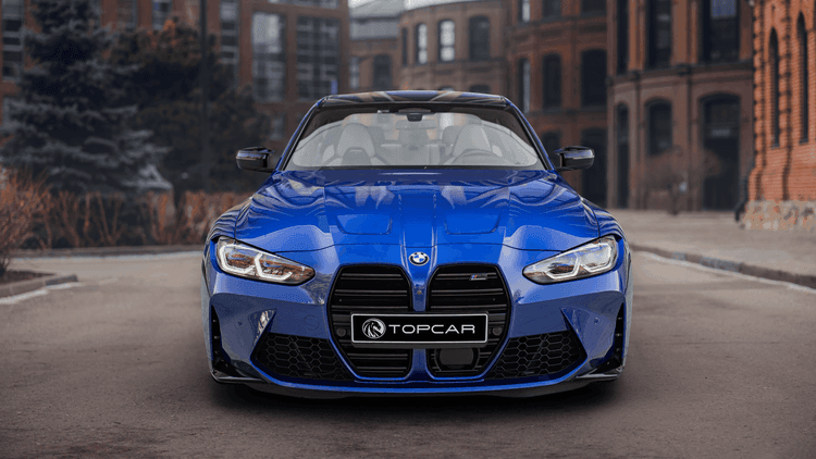 BMW M3 Competition G80 синего цвета вид спереди аренда в Москве