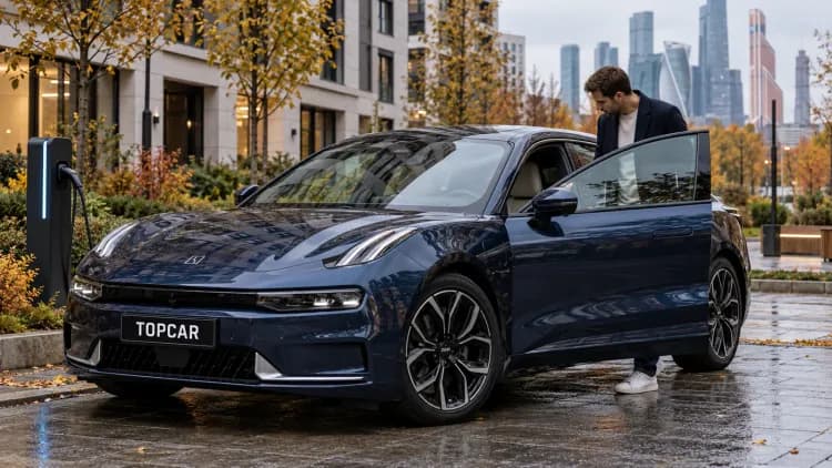 Покупатель осматривает электромобиль Zeekr 001 с чёрной номерной рамкой TOPCAR во дворе жилого комплекса в Москве