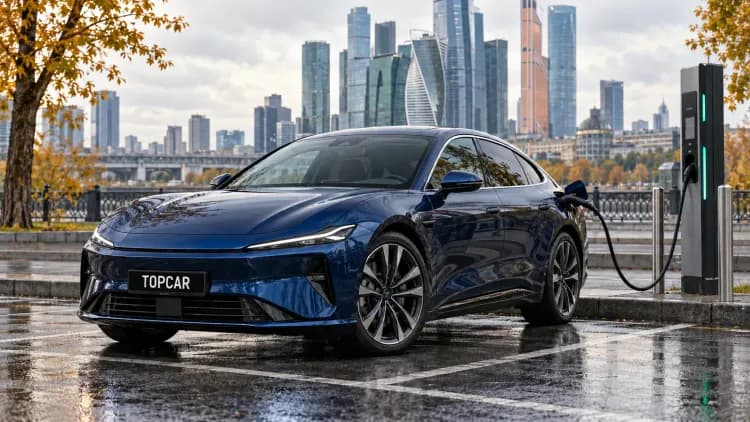 Электромобиль TOPCAR подключён к зарядной станции в Москве на фоне Москва-Сити
